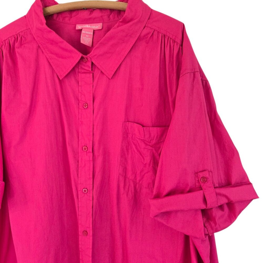 Woman Within Womens Button-Up Blouse Rolled Sleeves Pink 5X 100% Cotton Shirt - Picture 5 of 9